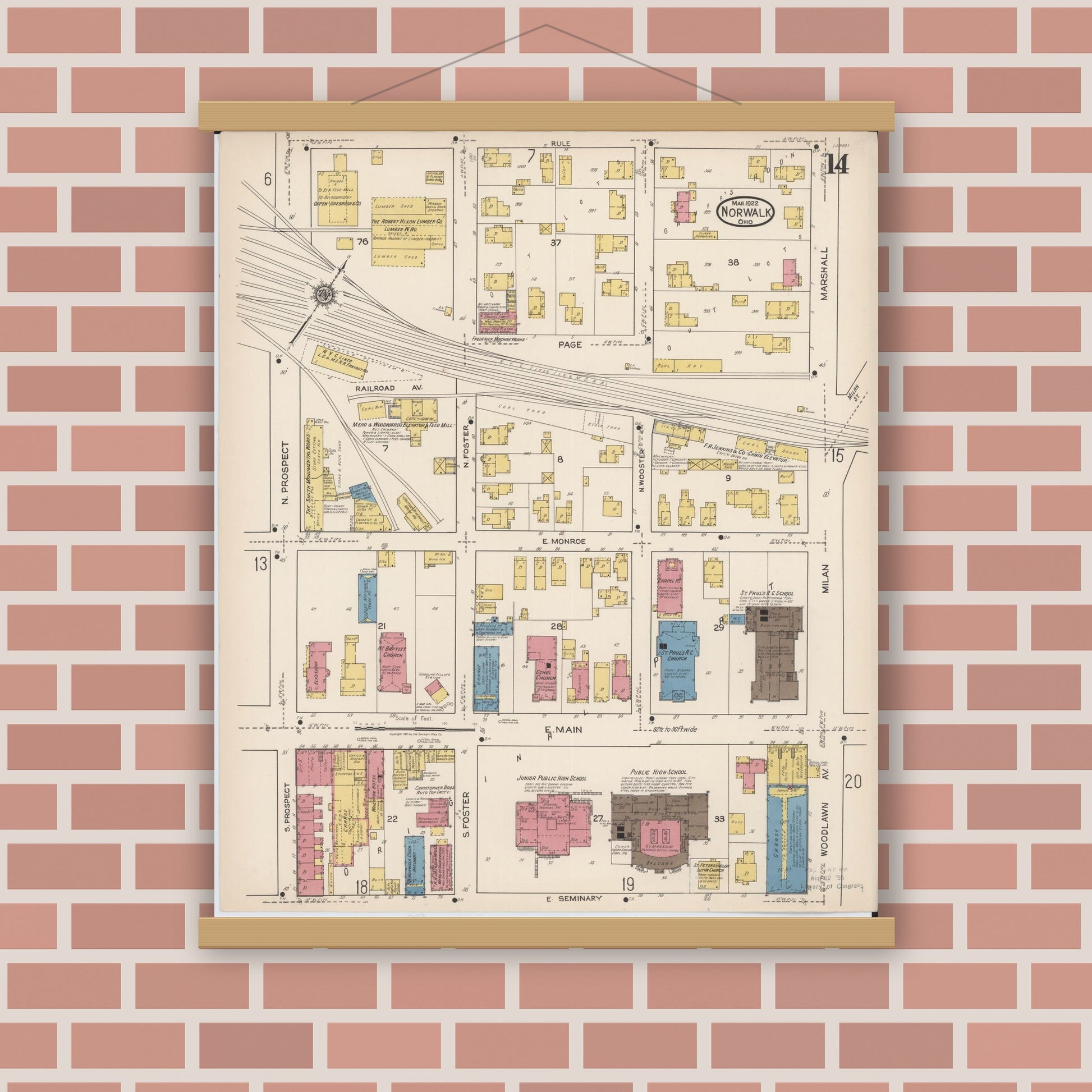 Old map wall art mockup — magnetic wood frame on brick wall — Sanborn Fire Insurance Map from Norwalk, Huron County, Ohio (1922), Sheet #0014