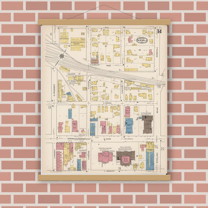 Old map wall art mockup — magnetic wood frame on brick wall — Sanborn Fire Insurance Map from Norwalk, Huron County, Ohio (1922), Sheet #0014