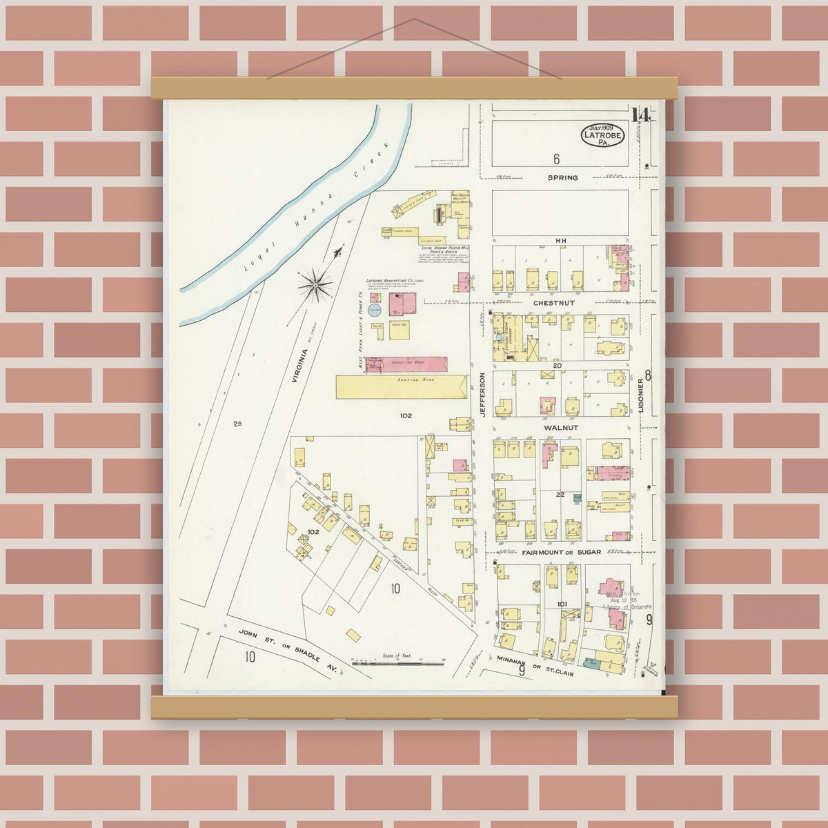 Old map wall art mockup — magnetic wood frame on brick wall — Sanborn Fire Insurance Map from Latrobe, Westmoreland County, Pennsylvania (1909), Sheet #0014