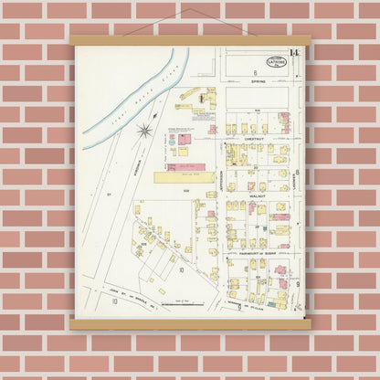Old map wall art mockup — magnetic wood frame on brick wall — Sanborn Fire Insurance Map from Latrobe, Westmoreland County, Pennsylvania (1909), Sheet #0014