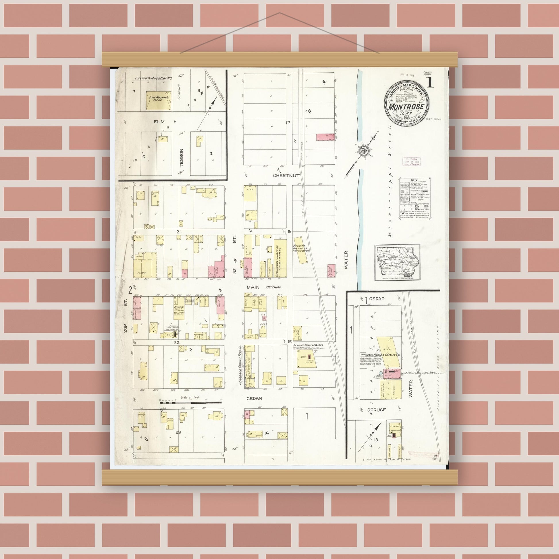 Old map wall art mockup — magnetic wood frame on brick wall — Sanborn Fire Insurance Map from Montrose, Lee County, Iowa (1913) â€” Complete Set