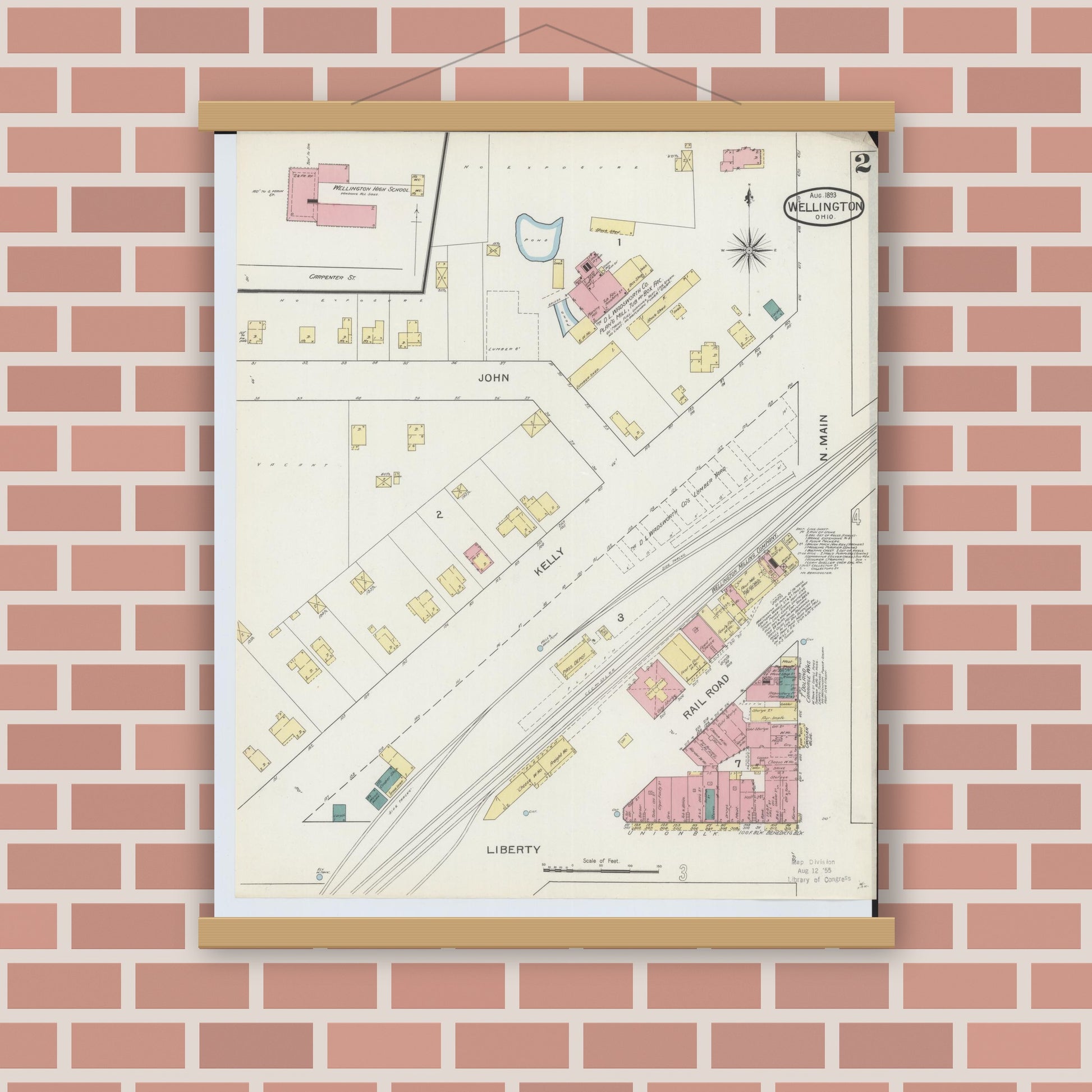 Old map wall art mockup — magnetic wood frame on brick wall — Sanborn Fire Insurance Map from Wellington, Lorain County, Ohio (1893), Sheet #0002