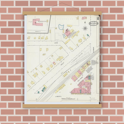 Old map wall art mockup — magnetic wood frame on brick wall — Sanborn Fire Insurance Map from Wellington, Lorain County, Ohio (1893), Sheet #0002