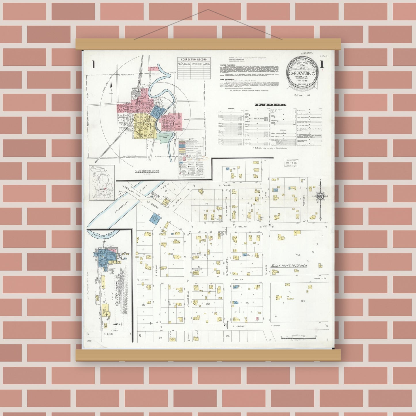 Old map wall art mockup — magnetic wood frame on brick wall — Sanborn Fire Insurance Map from Chesaning, Saginaw County, Michigan (1935), Sheet #0001