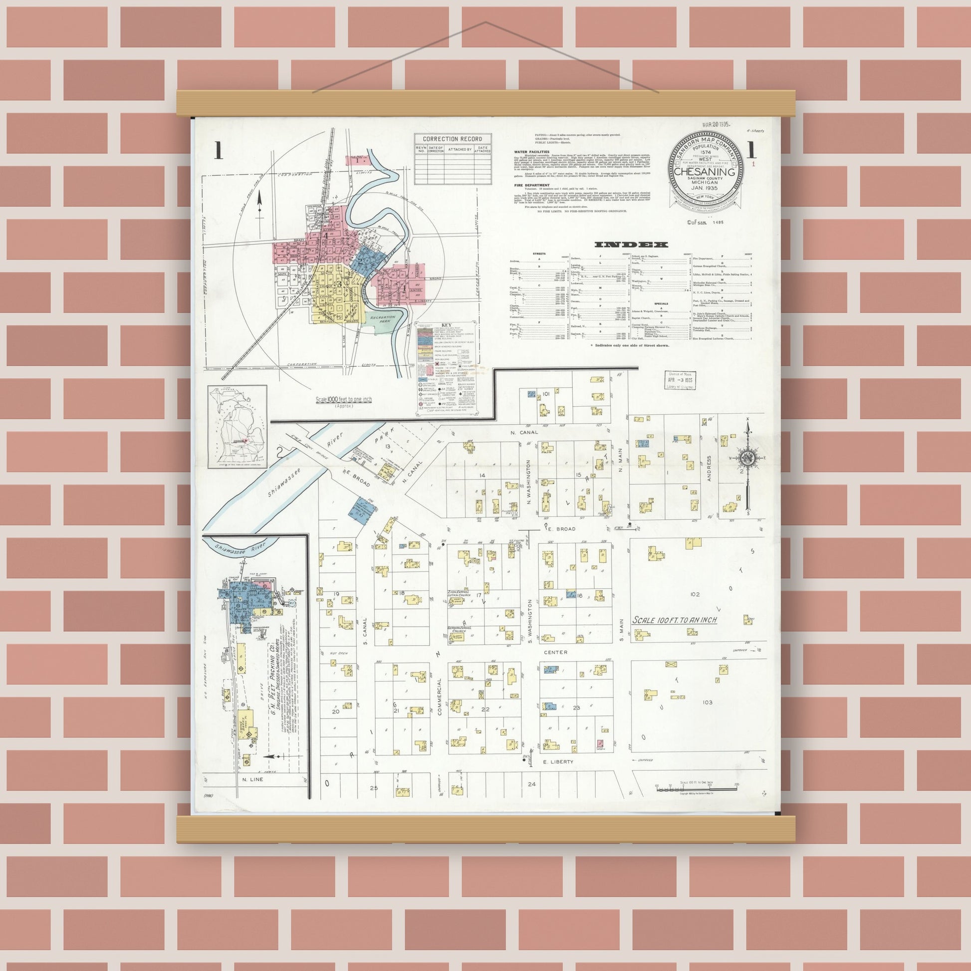 Old map wall art mockup — magnetic wood frame on brick wall — Sanborn Fire Insurance Map from Chesaning, Saginaw County, Michigan (1935), Sheet #0001