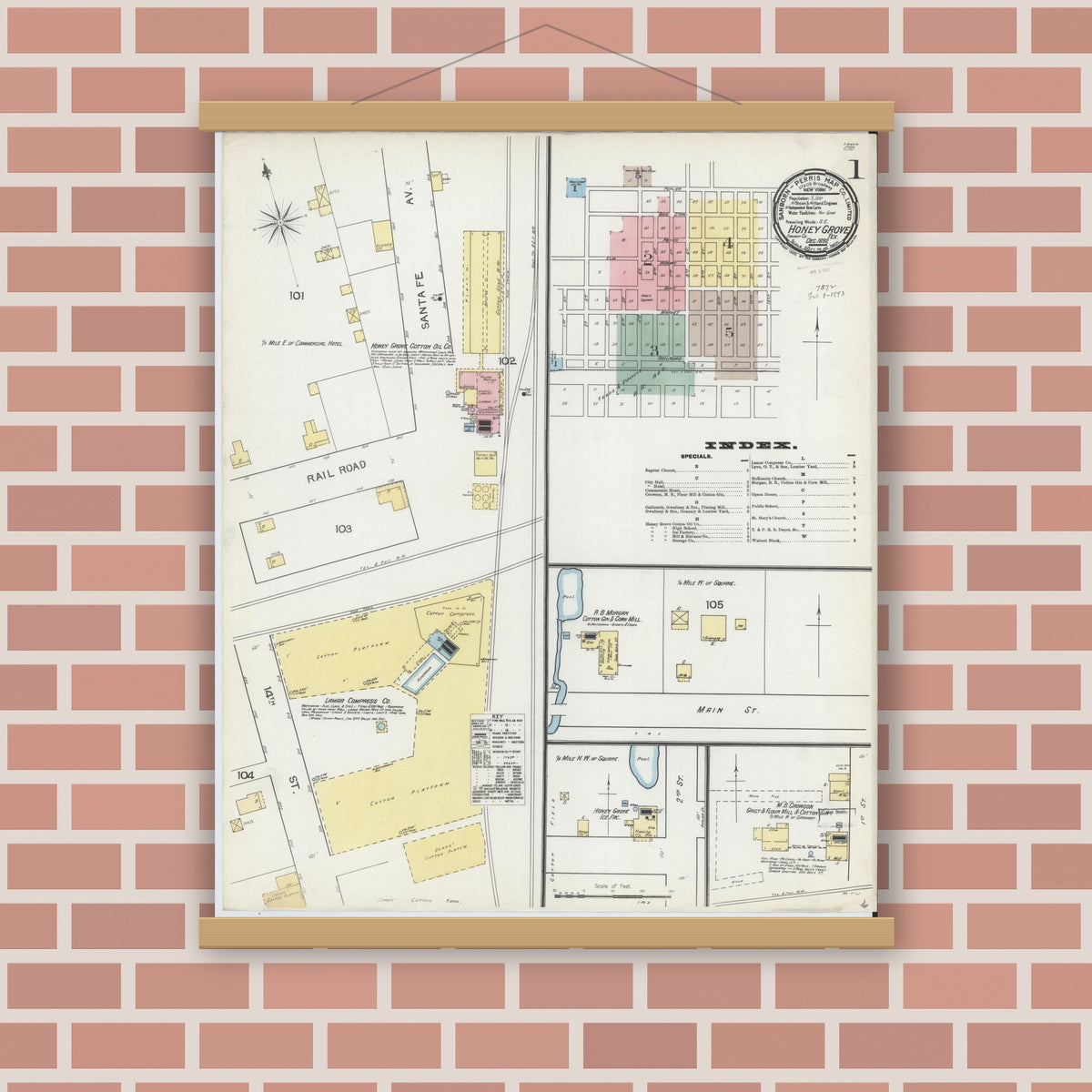 Old map wall art mockup — magnetic wood frame on brick wall — Sanborn Fire Insurance Map from Honey Grove, Fannin County, Texas (1892), Sheet #0001