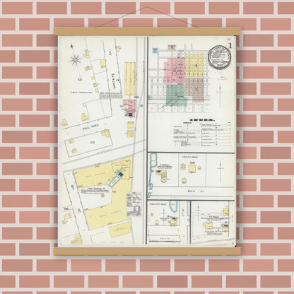 Old map wall art mockup — magnetic wood frame on brick wall — Sanborn Fire Insurance Map from Honey Grove, Fannin County, Texas (1892), Sheet #0001