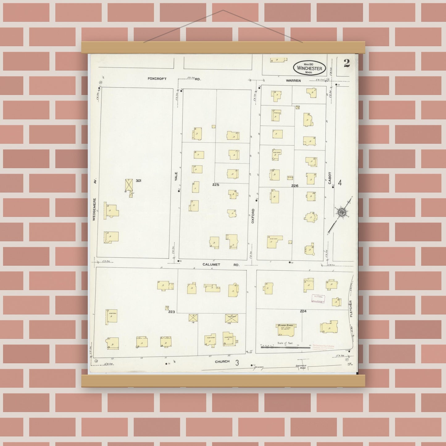 Old map wall art mockup — magnetic wood frame on brick wall — Sanborn Fire Insurance Map from Winchester, Middlesex County, Massachusetts (1910), Sheet #0002