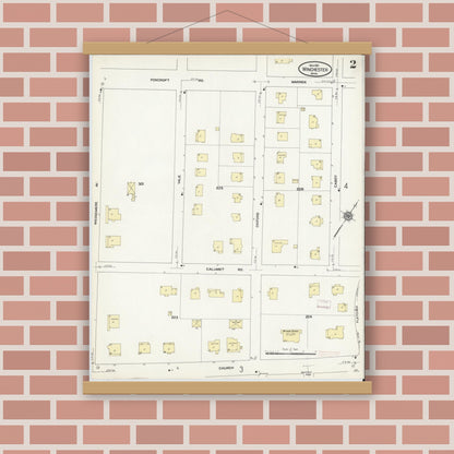 Old map wall art mockup — magnetic wood frame on brick wall — Sanborn Fire Insurance Map from Winchester, Middlesex County, Massachusetts (1910), Sheet #0002