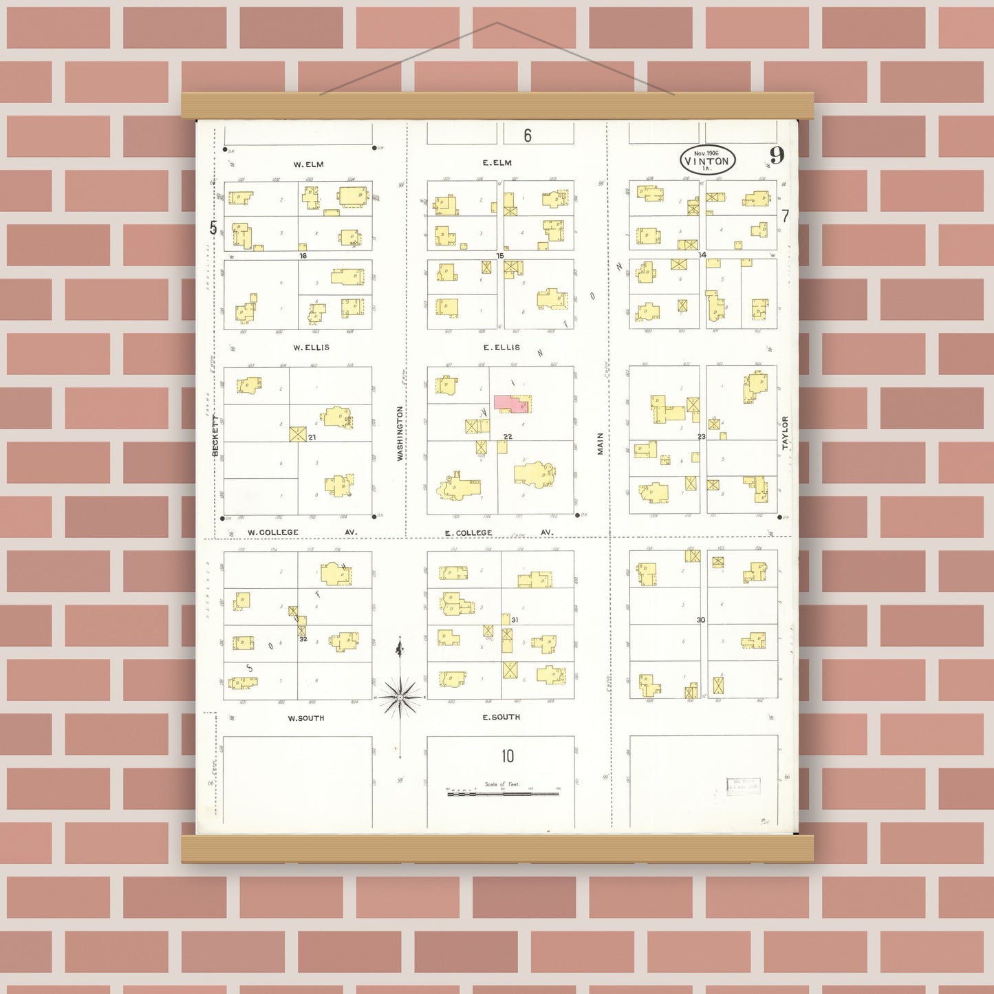Old map wall art mockup — magnetic wood frame on brick wall — Sanborn Fire Insurance Map from Vinton, Benton County, Iowa (1906), Sheet #0009