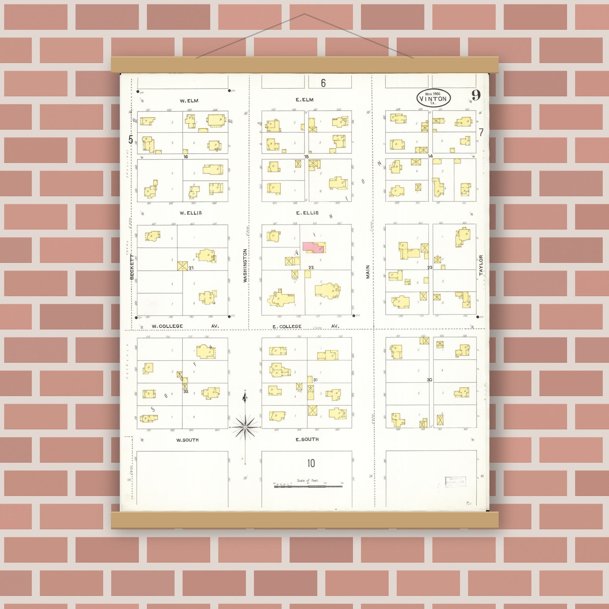 Old map wall art mockup — magnetic wood frame on brick wall — Sanborn Fire Insurance Map from Vinton, Benton County, Iowa (1906), Sheet #0009