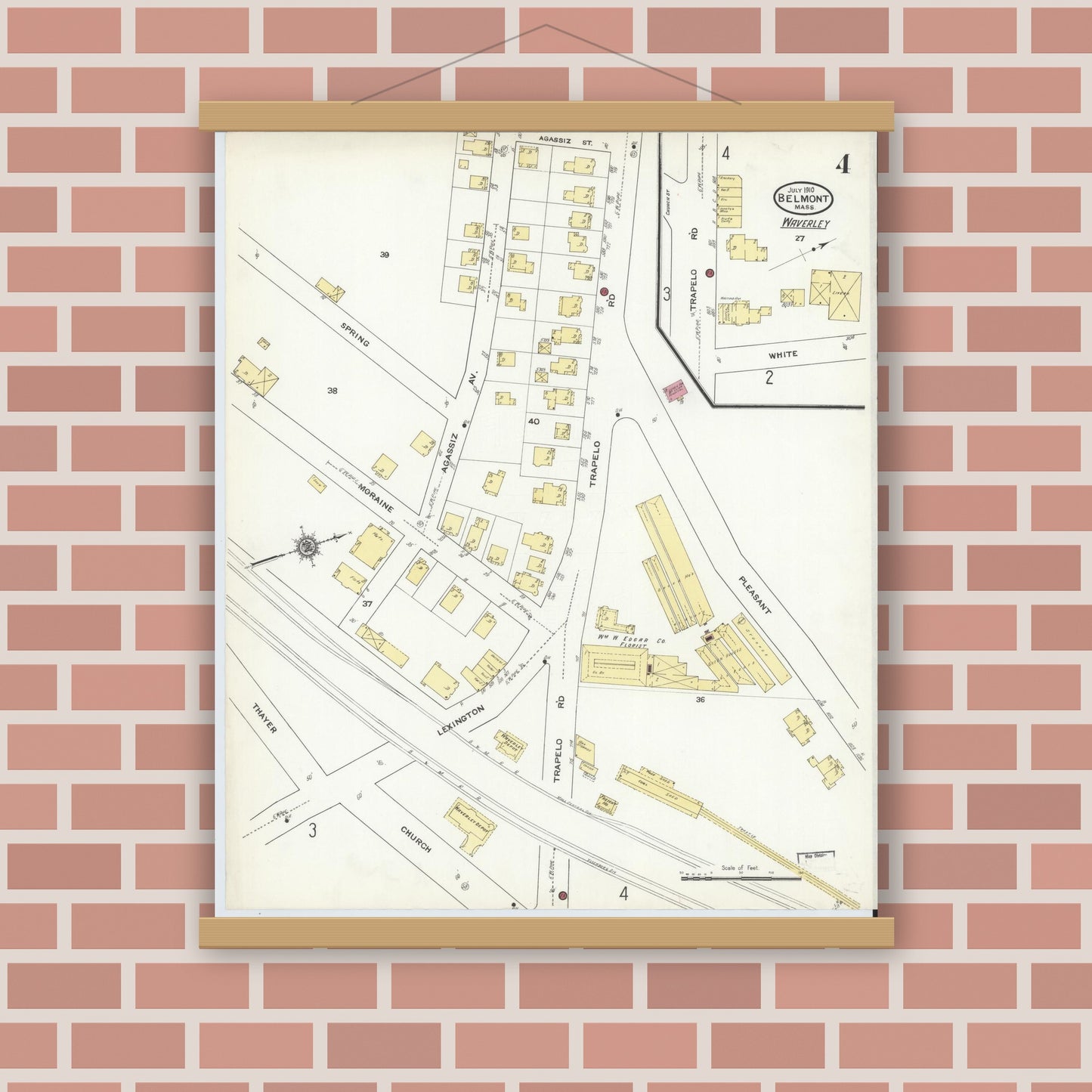 Old map wall art mockup — magnetic wood frame on brick wall — Sanborn Fire Insurance Map from Belmont, Middlesex County, Massachusetts (1910), Sheet #0004
