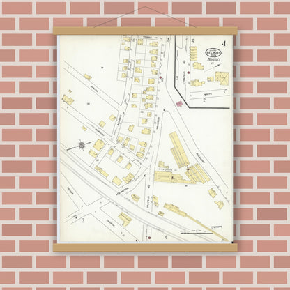 Old map wall art mockup — magnetic wood frame on brick wall — Sanborn Fire Insurance Map from Belmont, Middlesex County, Massachusetts (1910), Sheet #0004