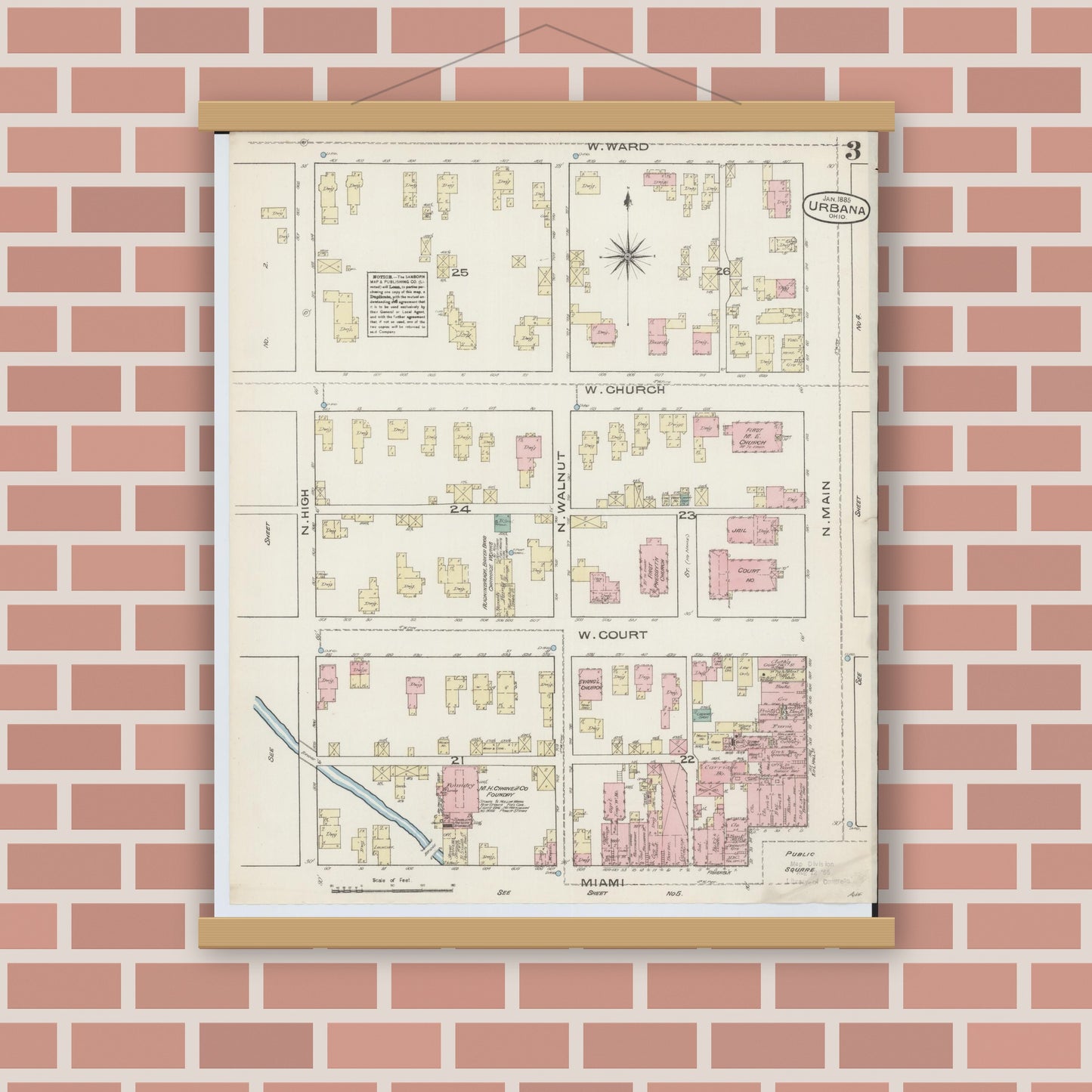 Old map wall art mockup — magnetic wood frame on brick wall — Sanborn Fire Insurance Map from Urbana, Champaign County, Ohio (1885), Sheet #0003