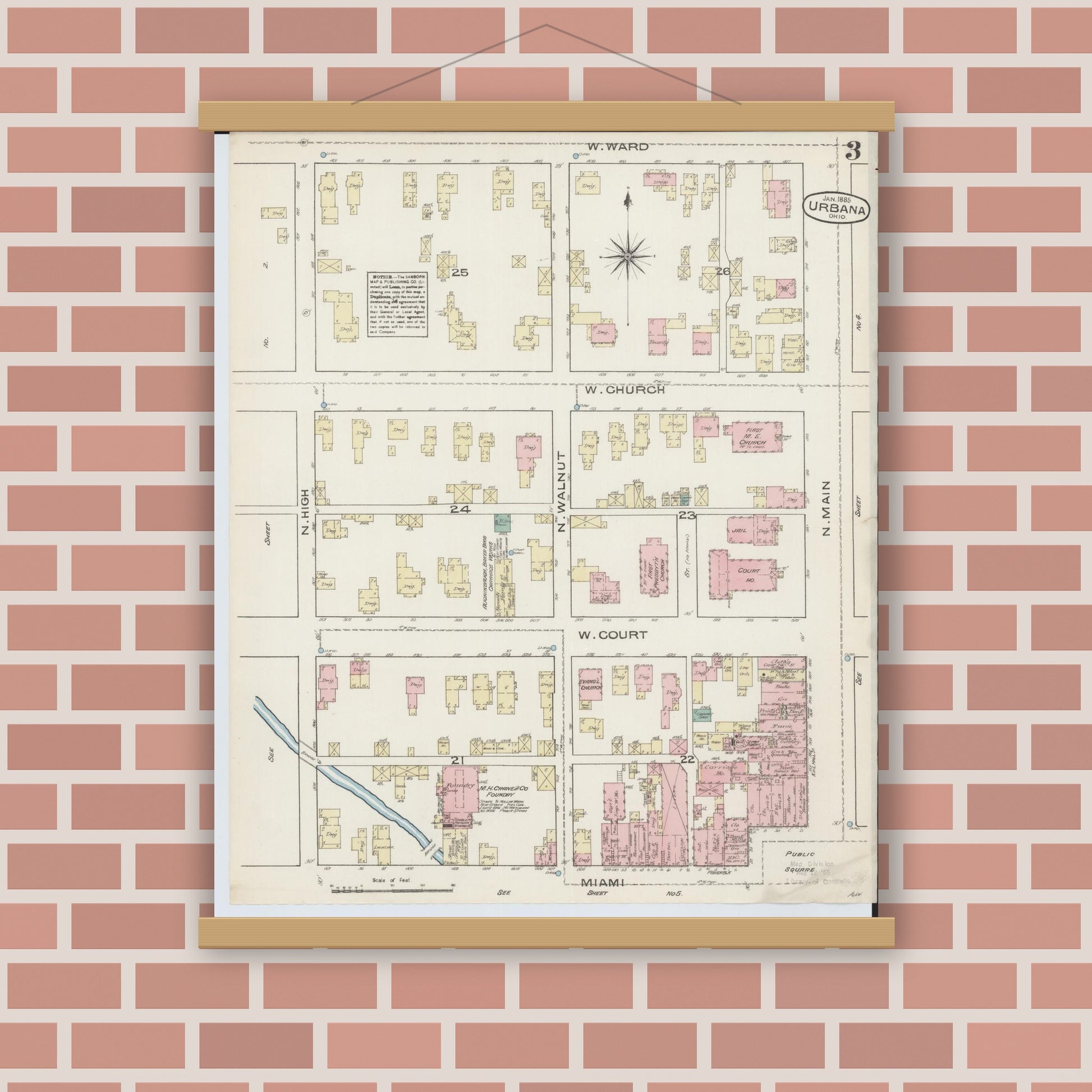 Old map wall art mockup — magnetic wood frame on brick wall — Sanborn Fire Insurance Map from Urbana, Champaign County, Ohio (1885), Sheet #0003