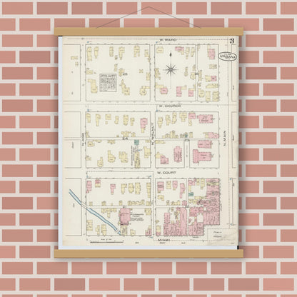 Old map wall art mockup — magnetic wood frame on brick wall — Sanborn Fire Insurance Map from Urbana, Champaign County, Ohio (1885), Sheet #0003