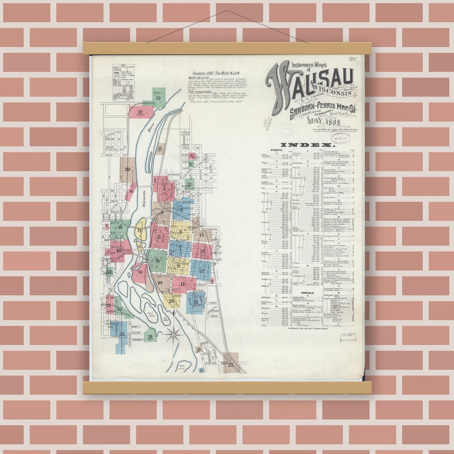 Old map wall art mockup — magnetic wood frame on brick wall — Sanborn Fire Insurance Map from Wausau, Marathon County, Wisconsin (1898) - Complete Map Set