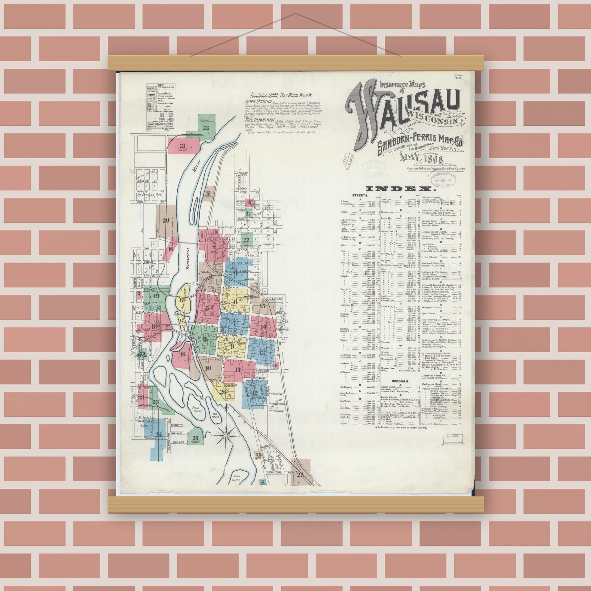 Old map wall art mockup — magnetic wood frame on brick wall — Sanborn Fire Insurance Map from Wausau, Marathon County, Wisconsin (1898) - Complete Map Set