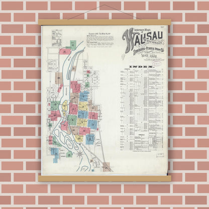 Old map wall art mockup — magnetic wood frame on brick wall — Sanborn Fire Insurance Map from Wausau, Marathon County, Wisconsin (1898) - Complete Map Set