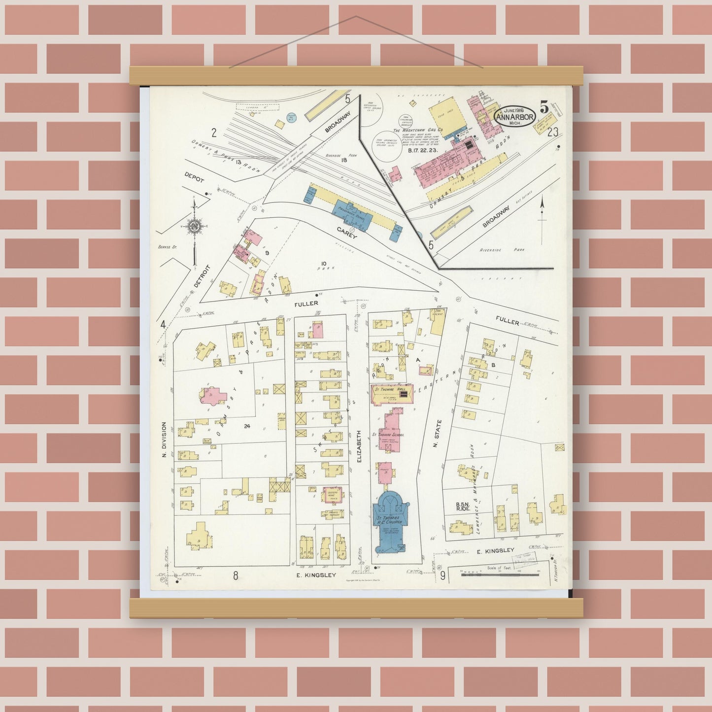 Old map wall art mockup — magnetic wood frame on brick wall — Sanborn Fire Insurance Map from Ann Arbor, Washtenaw County, Michigan (1916), Sheet #0005