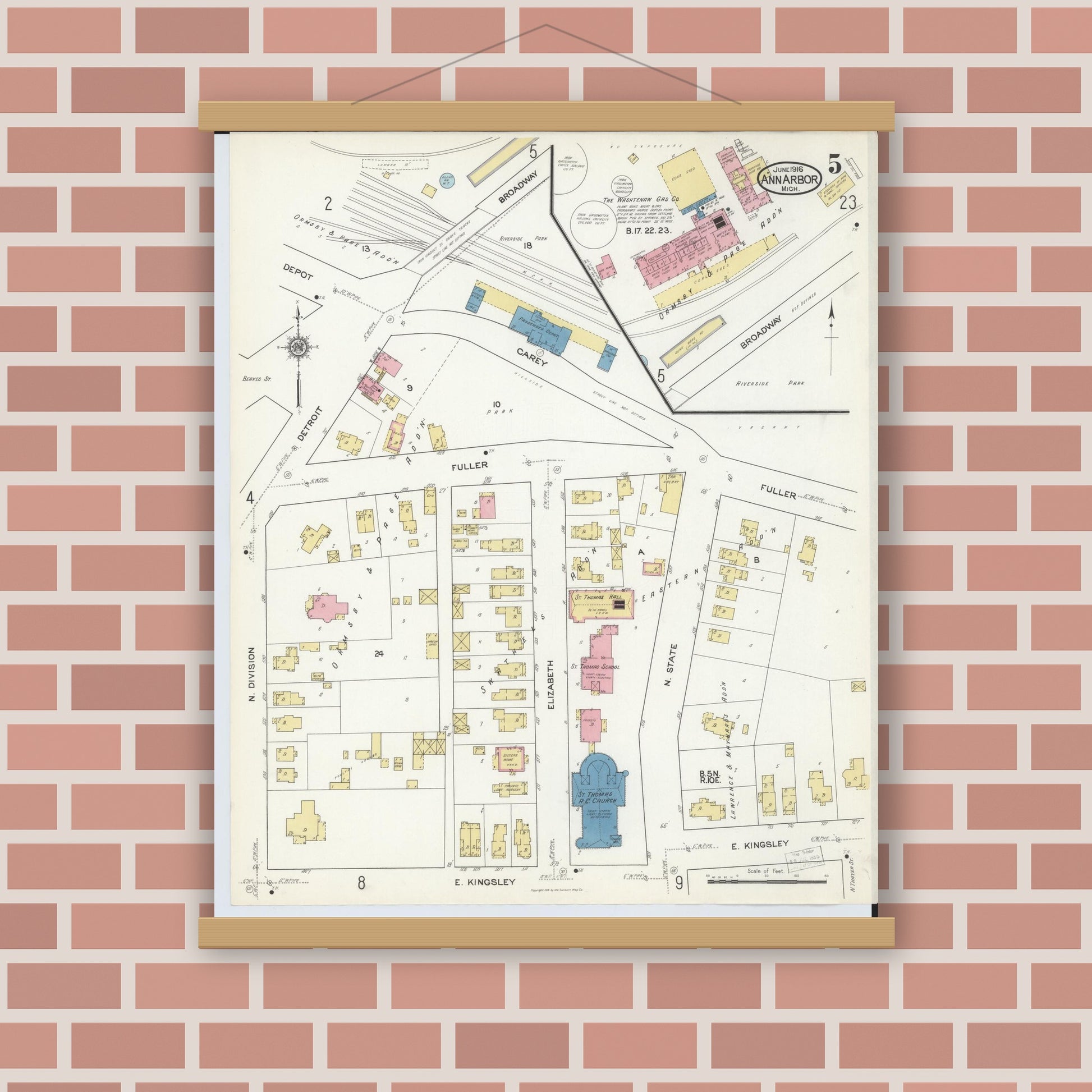 Old map wall art mockup — magnetic wood frame on brick wall — Sanborn Fire Insurance Map from Ann Arbor, Washtenaw County, Michigan (1916), Sheet #0005