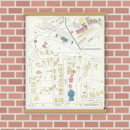 Old map wall art mockup — magnetic wood frame on brick wall — Sanborn Fire Insurance Map from Ann Arbor, Washtenaw County, Michigan (1916), Sheet #0005