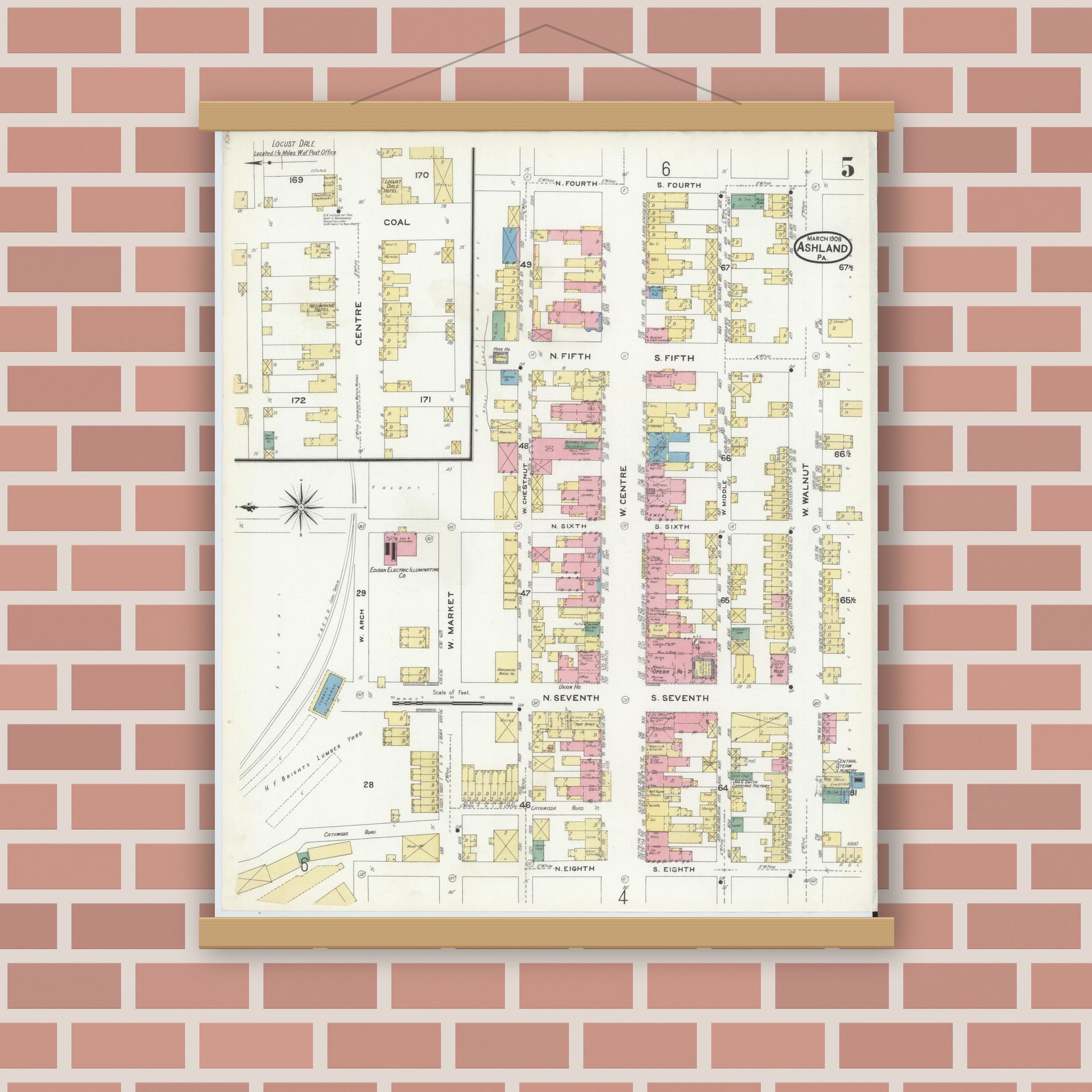 Old map wall art mockup — magnetic wood frame on brick wall — Sanborn Fire Insurance Map from Ashland, Schuylkill County, Pennsylvania (1908), Sheet #0005