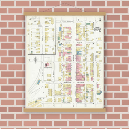 Old map wall art mockup — magnetic wood frame on brick wall — Sanborn Fire Insurance Map from Ashland, Schuylkill County, Pennsylvania (1908), Sheet #0005