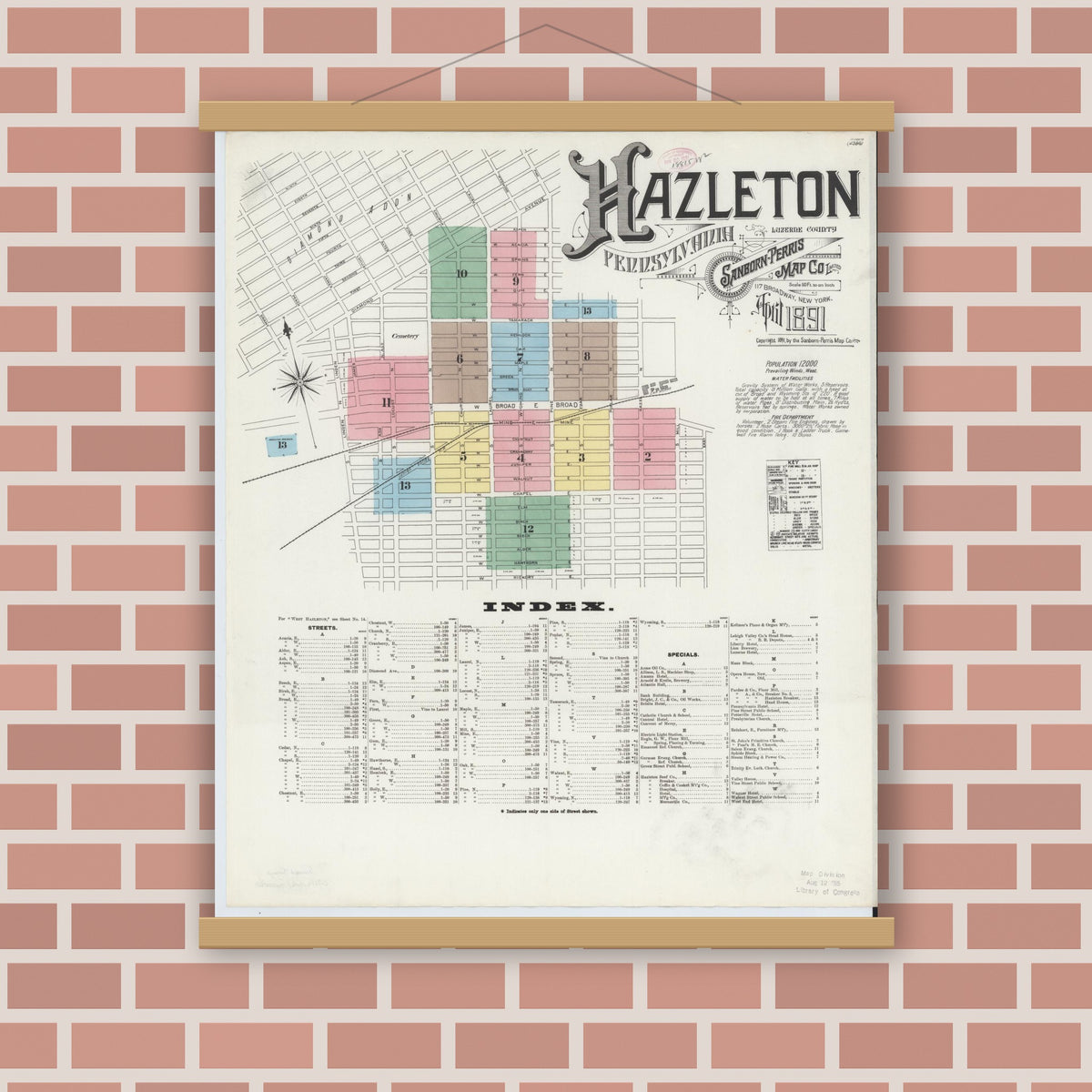 Old map wall art mockup — magnetic wood frame on brick wall — Sanborn Fire Insurance Map from Hazleton, Luzerne County, Pennsylvania (1891), Sheet #0001