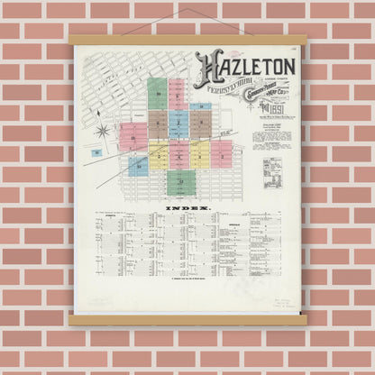 Old map wall art mockup — magnetic wood frame on brick wall — Sanborn Fire Insurance Map from Hazleton, Luzerne County, Pennsylvania (1891), Sheet #0001