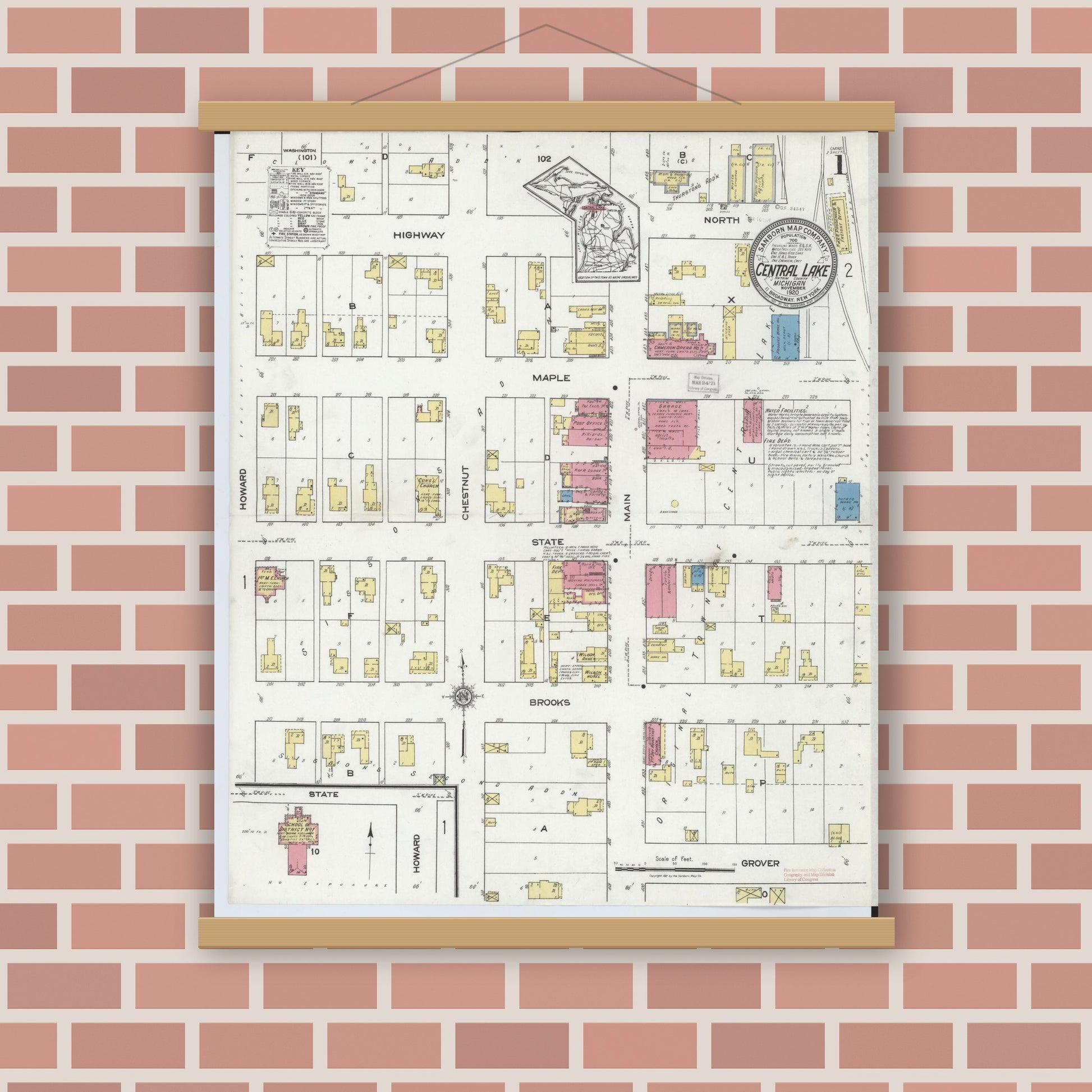 Old map wall art mockup — magnetic wood frame on brick wall — Sanborn Fire Insurance Map from Central Lake, Antrim County, Michigan (1920) - Complete Map Set