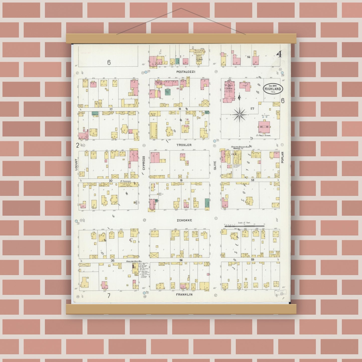 Old map wall art mockup — magnetic wood frame on brick wall — Sanborn Fire Insurance Map from Highland, Madison County, Illinois (1899), Sheet #0004
