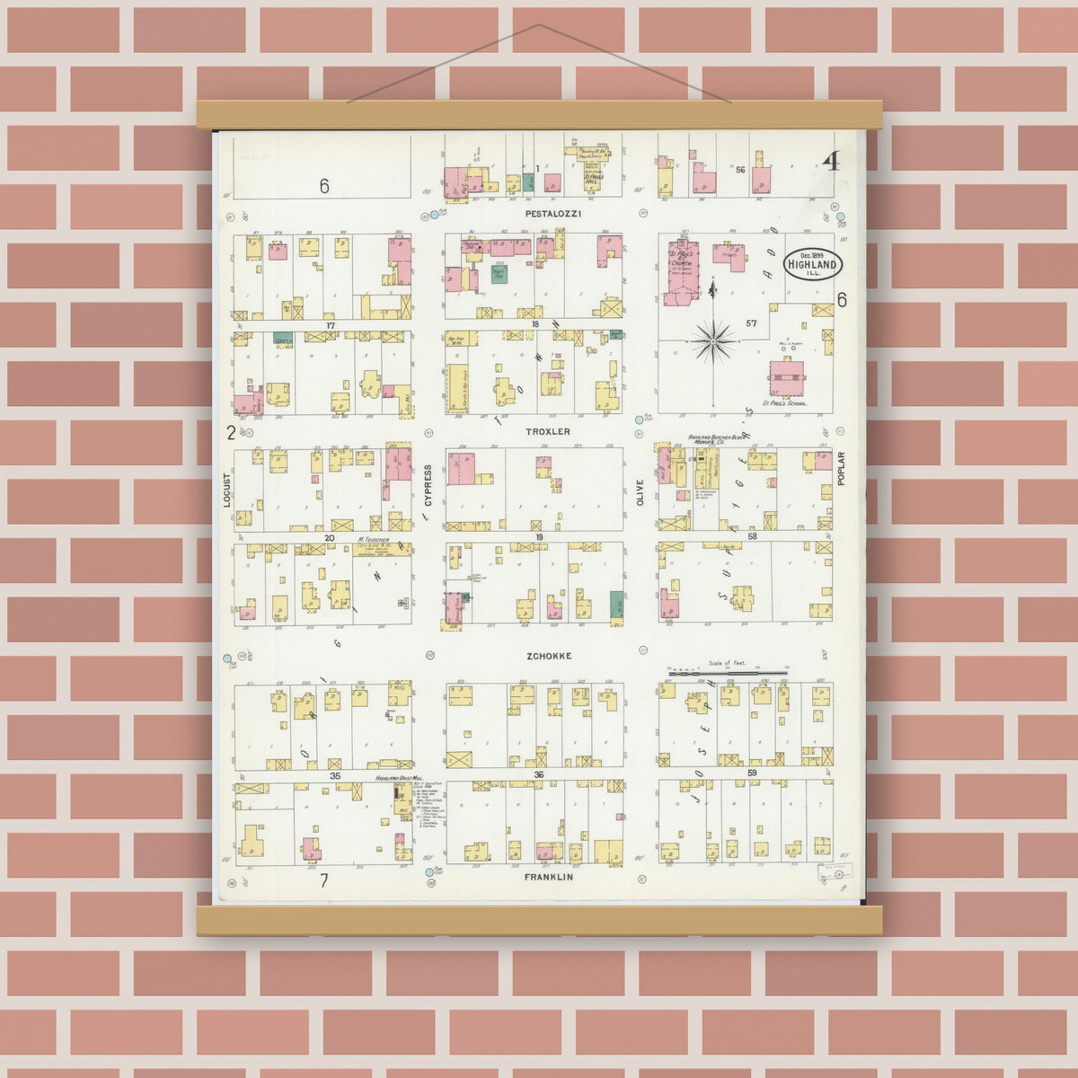 Old map wall art mockup — magnetic wood frame on brick wall — Sanborn Fire Insurance Map from Highland, Madison County, Illinois (1899), Sheet #0004