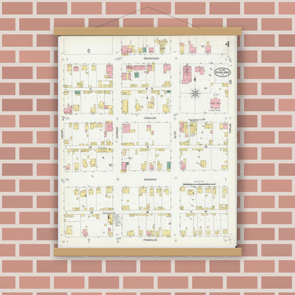 Old map wall art mockup — magnetic wood frame on brick wall — Sanborn Fire Insurance Map from Highland, Madison County, Illinois (1899), Sheet #0004