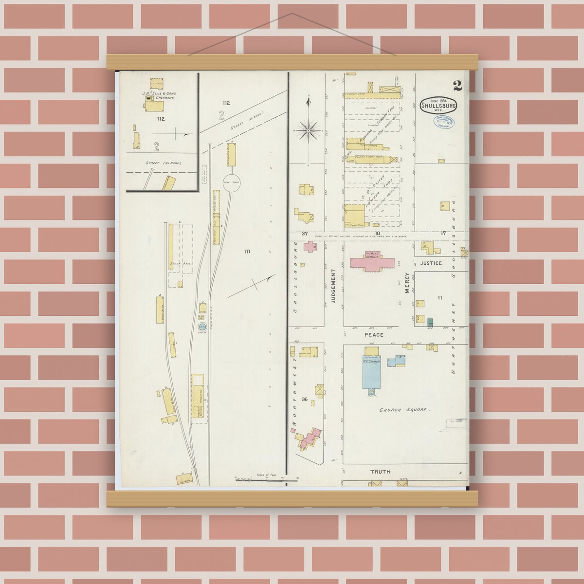 Old map wall art mockup — magnetic wood frame on brick wall — Sanborn Fire Insurance Map from Shullsburg, Lafayette County, Wisconsin (1894), Sheet #0002