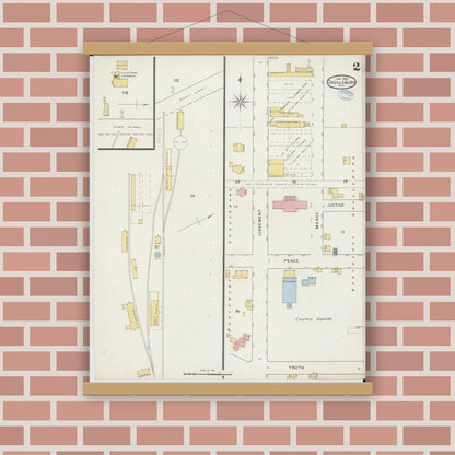 Old map wall art mockup — magnetic wood frame on brick wall — Sanborn Fire Insurance Map from Shullsburg, Lafayette County, Wisconsin (1894), Sheet #0002