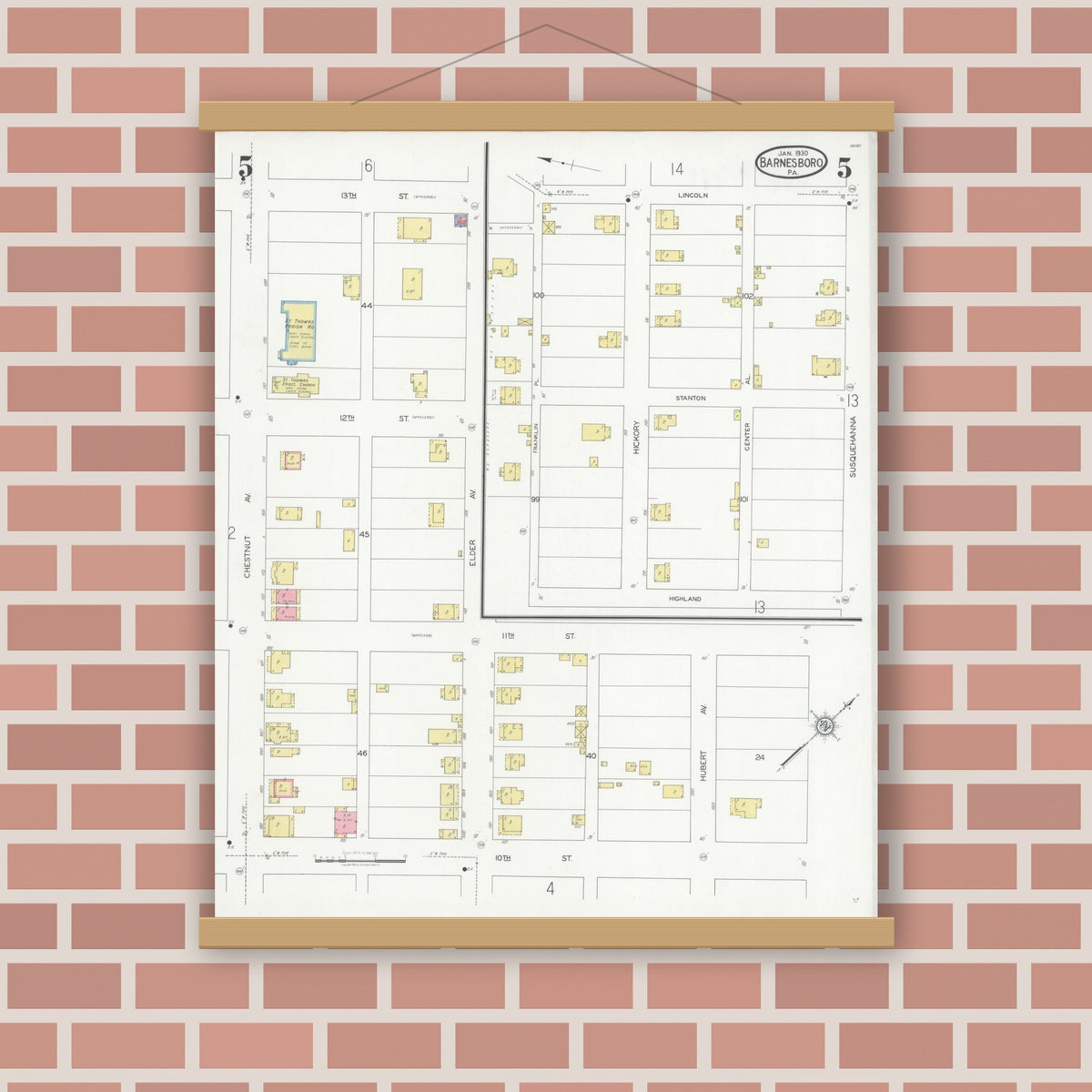 Old map wall art mockup — magnetic wood frame on brick wall — Sanborn Fire Insurance Map from Barnesboro, Cambria County, Pennsylvania (1930), Sheet #0005
