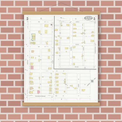 Old map wall art mockup — magnetic wood frame on brick wall — Sanborn Fire Insurance Map from Barnesboro, Cambria County, Pennsylvania (1930), Sheet #0005