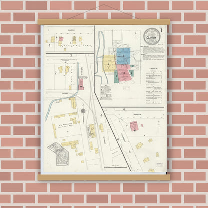 Old map wall art mockup — magnetic wood frame on brick wall — Sanborn Fire Insurance Map from Clinton, Lenawee County, Michigan (1912), Sheet #0001