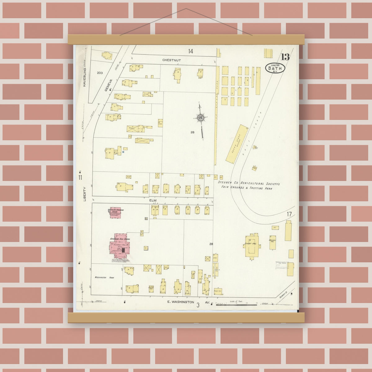 Old map wall art mockup — magnetic wood frame on brick wall — Sanborn Fire Insurance Map from Bath, Steuben County, New York (1915), Sheet #0013
