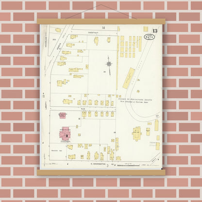 Old map wall art mockup — magnetic wood frame on brick wall — Sanborn Fire Insurance Map from Bath, Steuben County, New York (1915), Sheet #0013