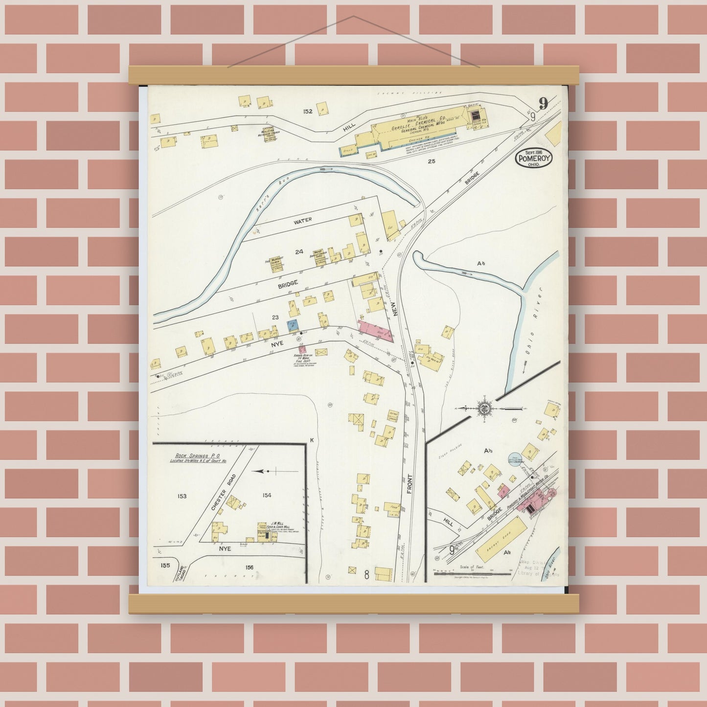 Old map wall art mockup — magnetic wood frame on brick wall — Sanborn Fire Insurance Map from Pomeroy, Meigs County, Ohio (1916), Sheet #0009
