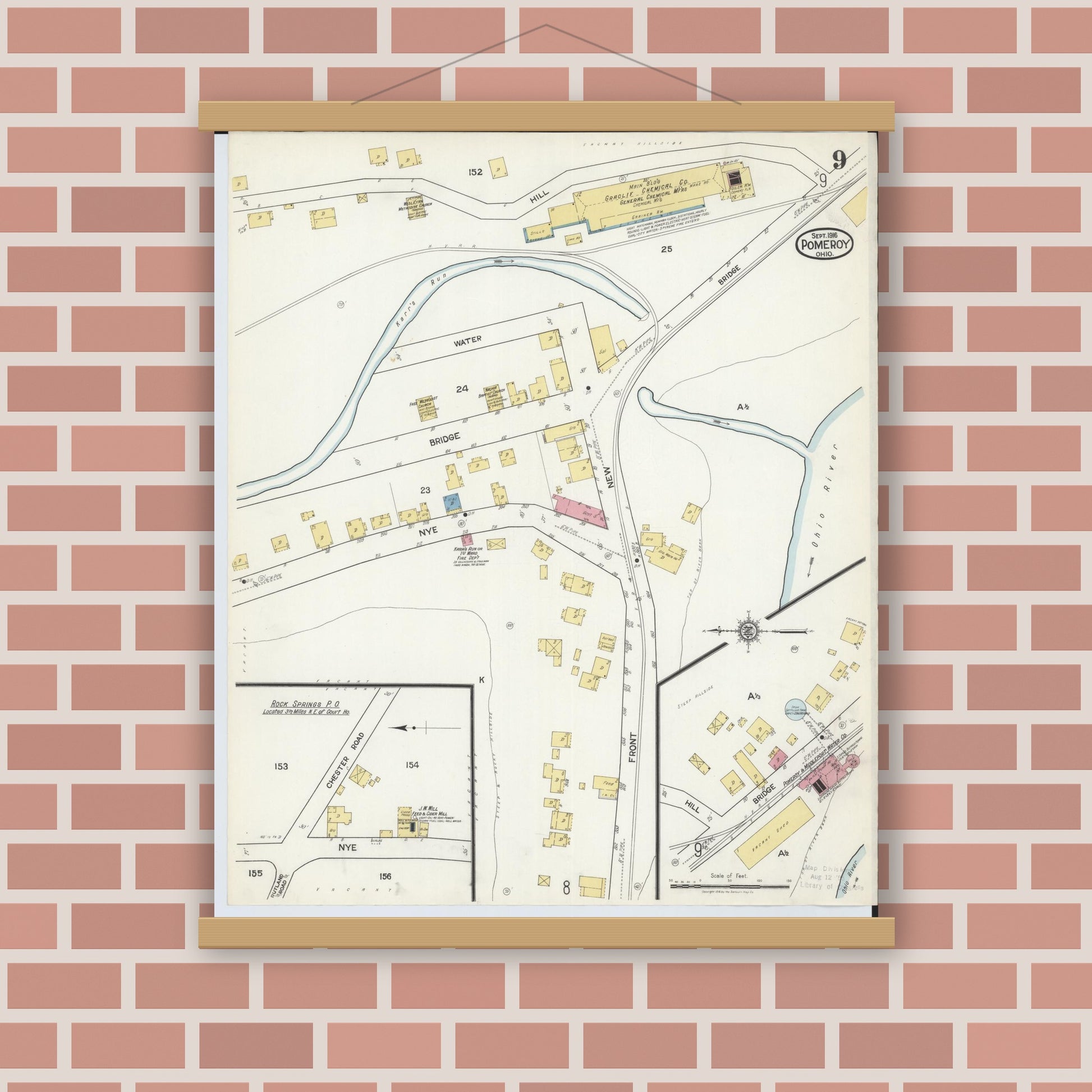 Old map wall art mockup — magnetic wood frame on brick wall — Sanborn Fire Insurance Map from Pomeroy, Meigs County, Ohio (1916), Sheet #0009