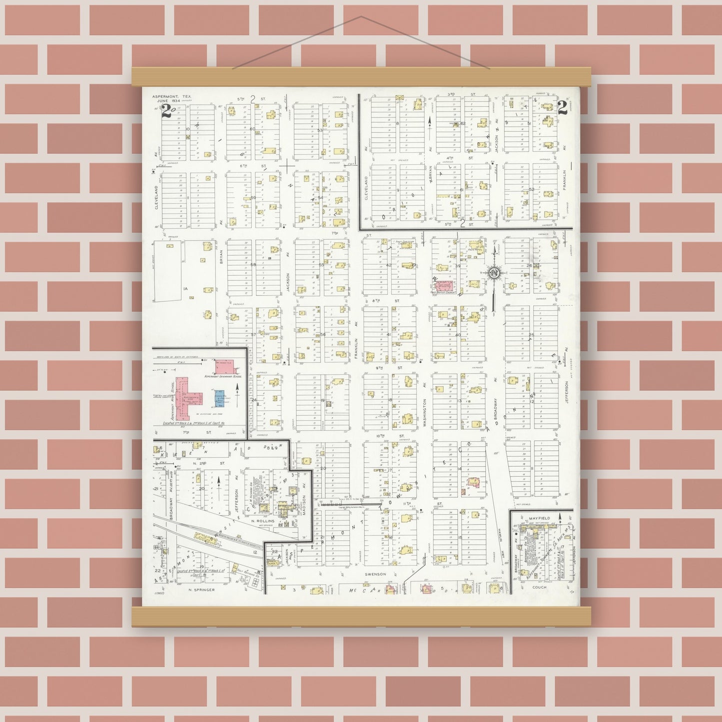 Old map wall art mockup — magnetic wood frame on brick wall — Sanborn Fire Insurance Map from Aspermont, Stonewall County, Texas (1934), Sheet #0002