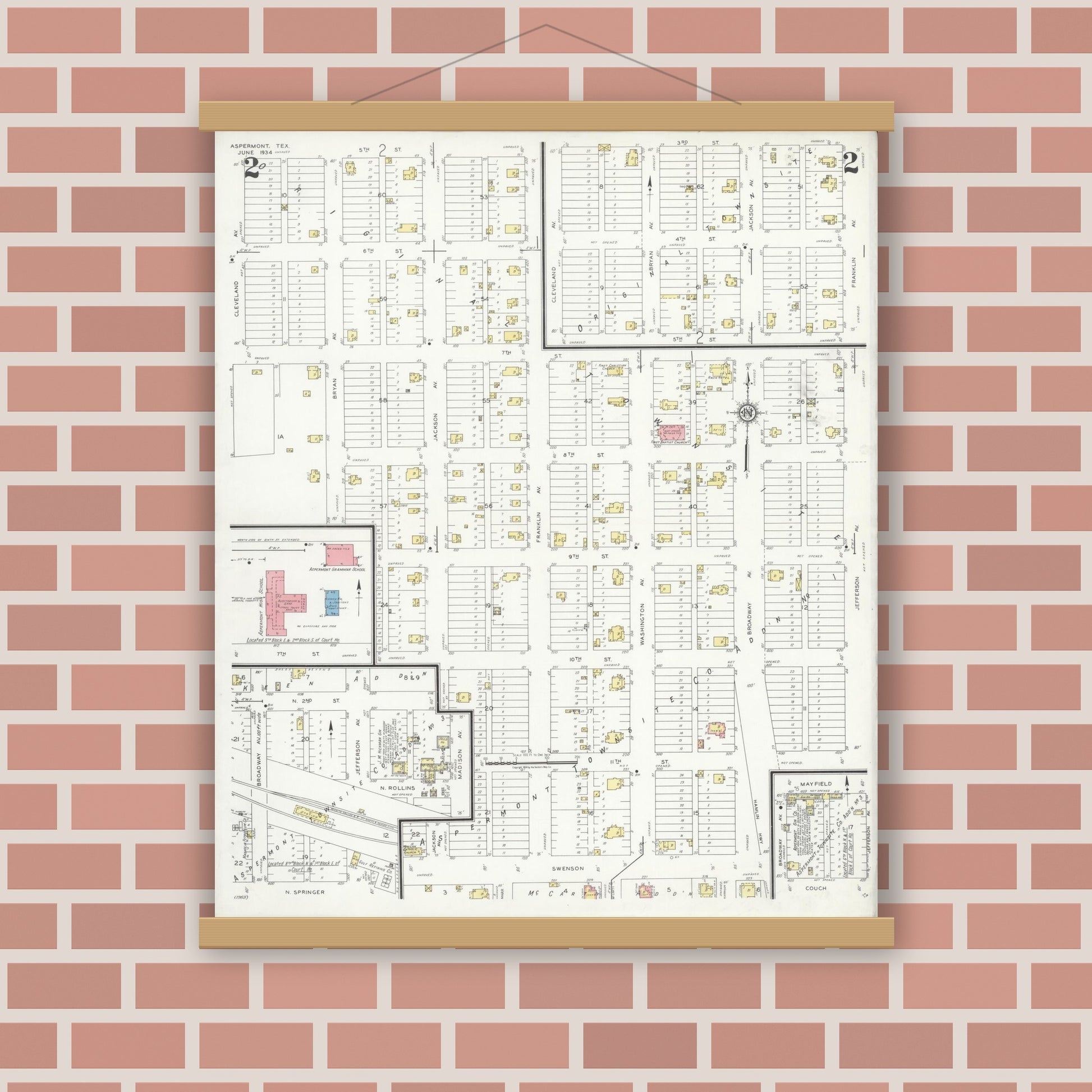 Old map wall art mockup — magnetic wood frame on brick wall — Sanborn Fire Insurance Map from Aspermont, Stonewall County, Texas (1934), Sheet #0002