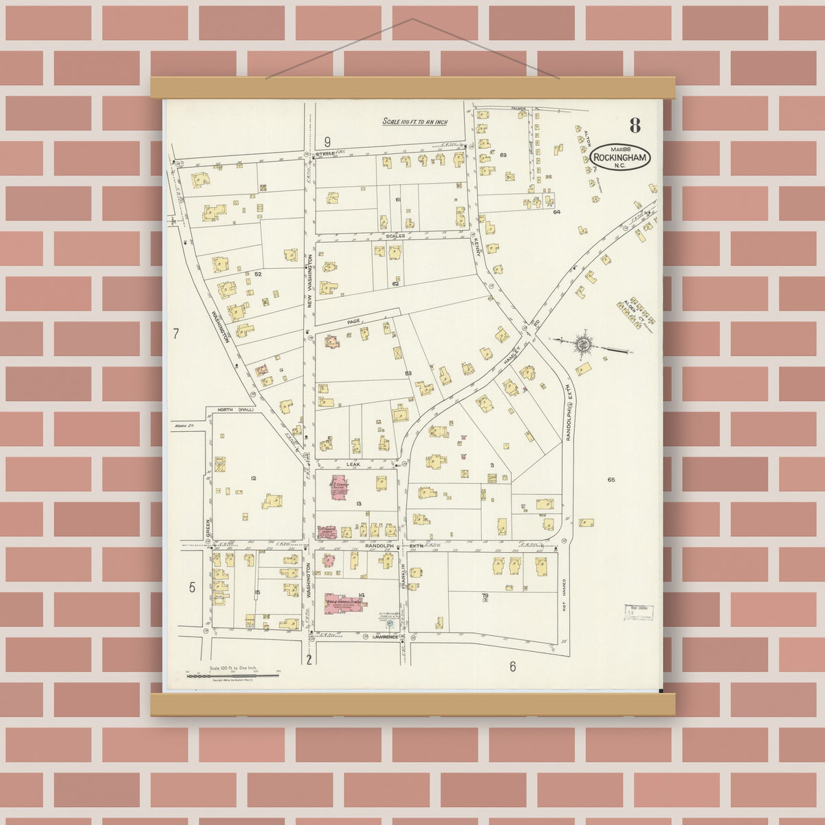 Old map wall art mockup — magnetic wood frame on brick wall — Sanborn Fire Insurance Map from Rockingham, Richmond County, North Carolina (1918), Sheet #0008