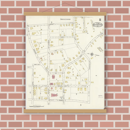Old map wall art mockup — magnetic wood frame on brick wall — Sanborn Fire Insurance Map from Rockingham, Richmond County, North Carolina (1918), Sheet #0008