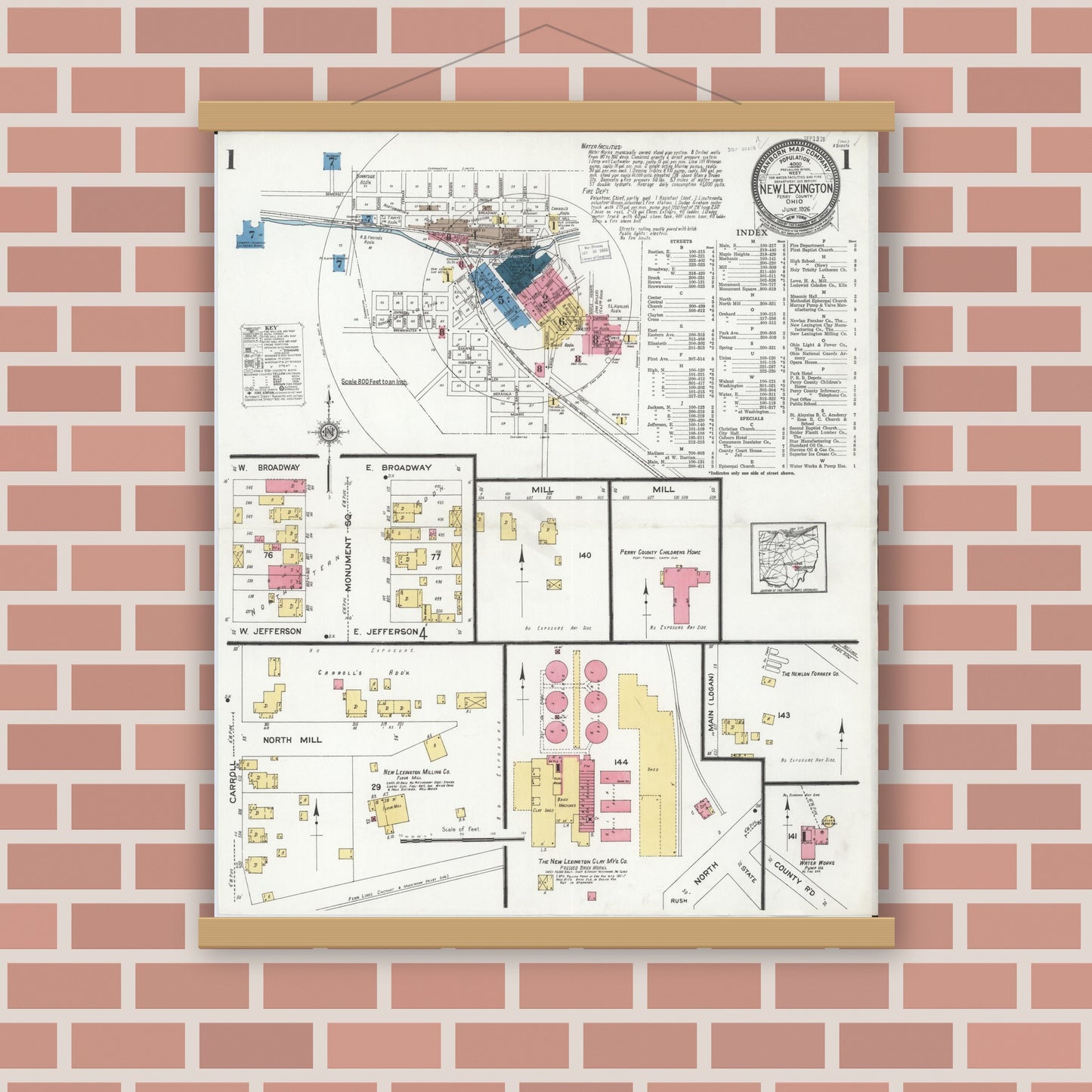 Old map wall art mockup — magnetic wood frame on brick wall — Sanborn Fire Insurance Map from New Lexington, Perry County, Ohio (1926), Sheet #0001