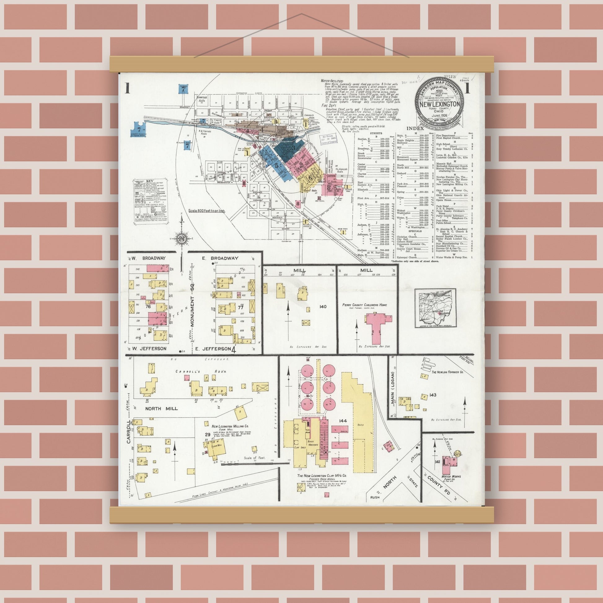 Old map wall art mockup — magnetic wood frame on brick wall — Sanborn Fire Insurance Map from New Lexington, Perry County, Ohio (1926), Sheet #0001