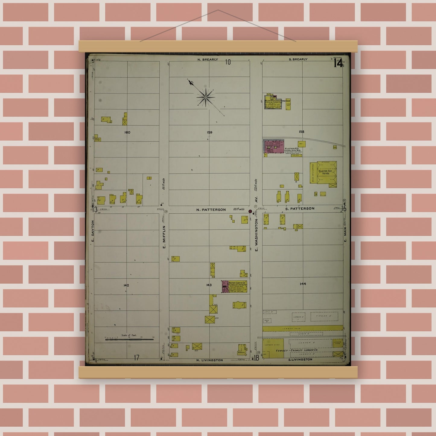 Old map wall art mockup — magnetic wood frame on brick wall — Sanborn Fire Insurance Map from Madison, Dane County, Wisconsin (1908), Sheet #0014